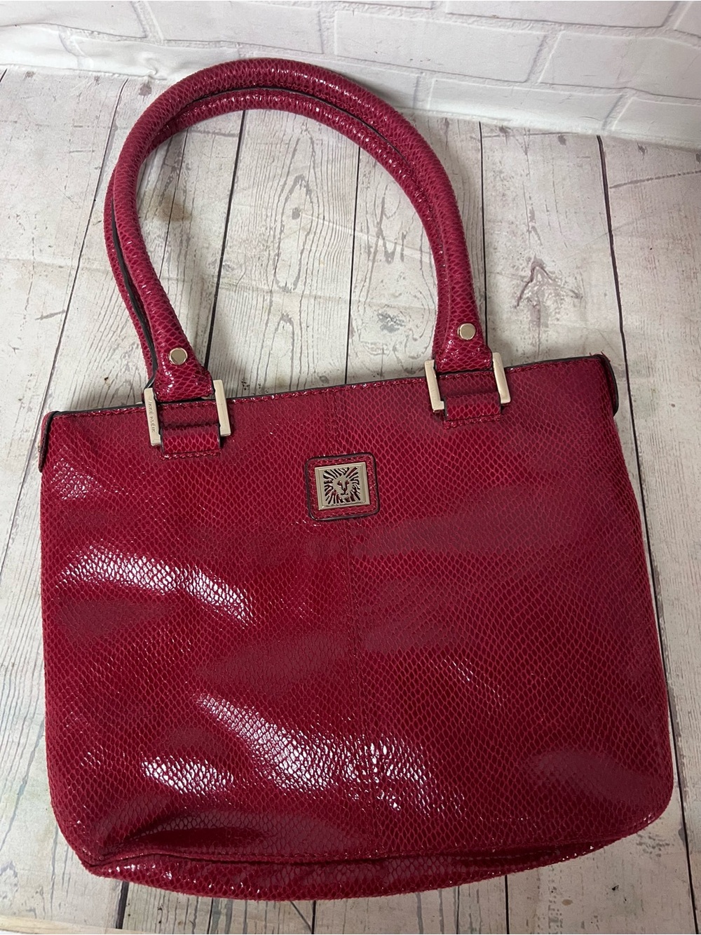 Vintage Anne Klein Red Faux Leather Shoulder Bag Tote Purse Silver Lion Logo